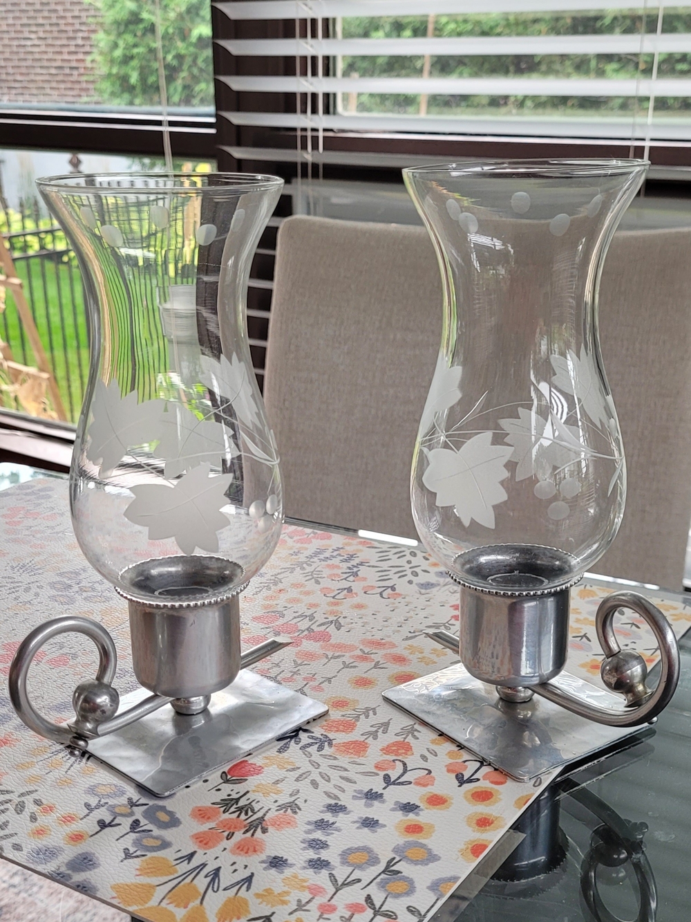 Clear Etched Glass Hurricane Candle Holders with Silver Metal Base - Set of 2